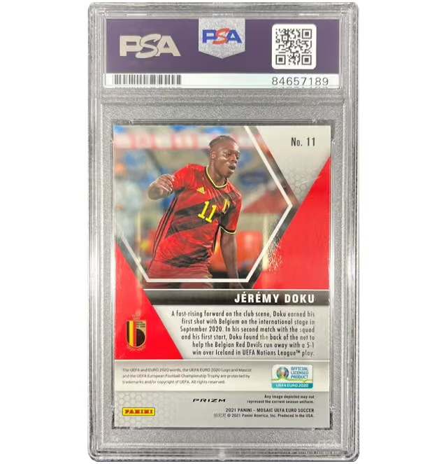 Jeremy Doku Signed 2021 Panini Mosaic Red Prizm Rookie #11 – PSA Authentic